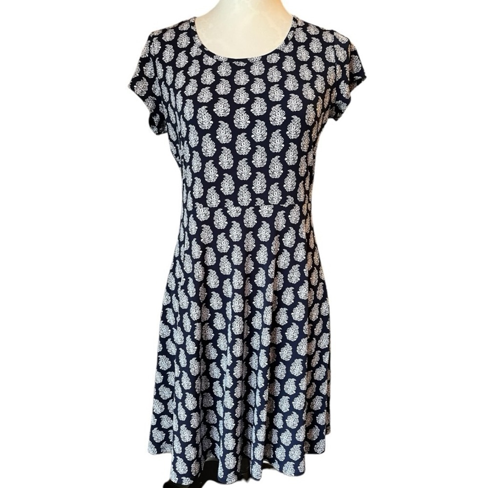 Michael Kors Navy Printed A-Line Dress | Short Sleeve Fit & Flare Midi | Size M